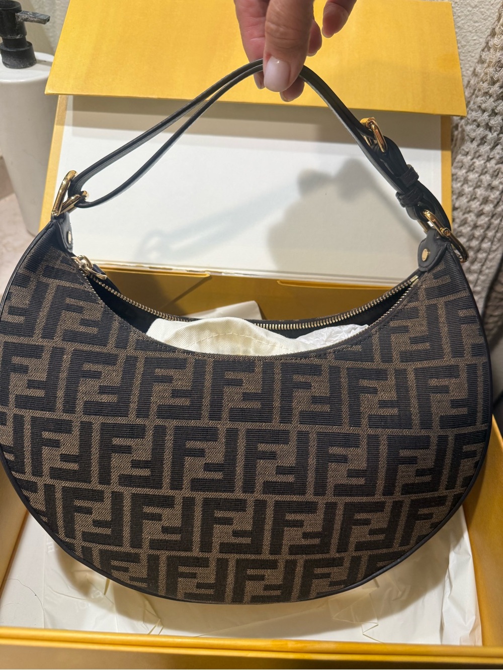 Fendi Brown and Black FF Logo Baguette Shoulder Bag with Gold Hardware - Picture 12 of 14